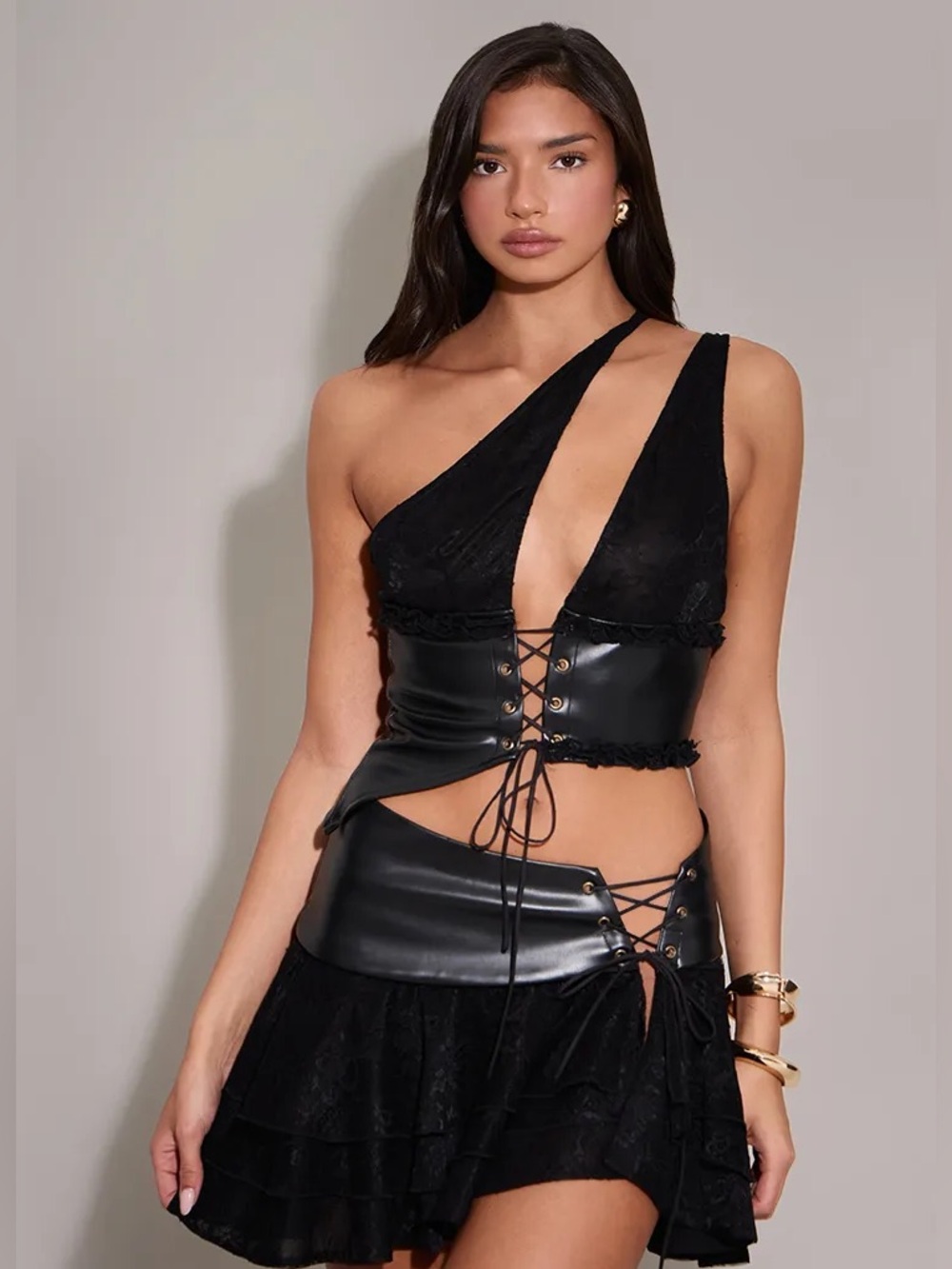 NWT Pretty Little Thing Black Faux Leather Lace Trim Asymmetrical Crop Top Size